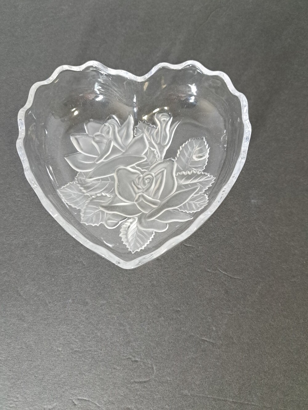 Vintage Clear Glass Heart Dish with Rose Relief - Home Art